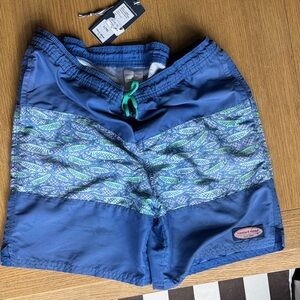 Vineyard Vines Boys Blue Swim Trunks with Teal Drawstring & Fish Print